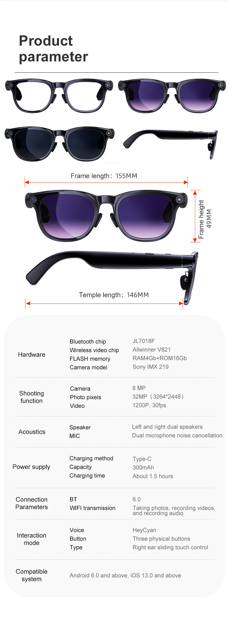 V11 Smart Glasses 8MP Camera – AI Photo, Video, Real-Time Translation & Meeting Recording