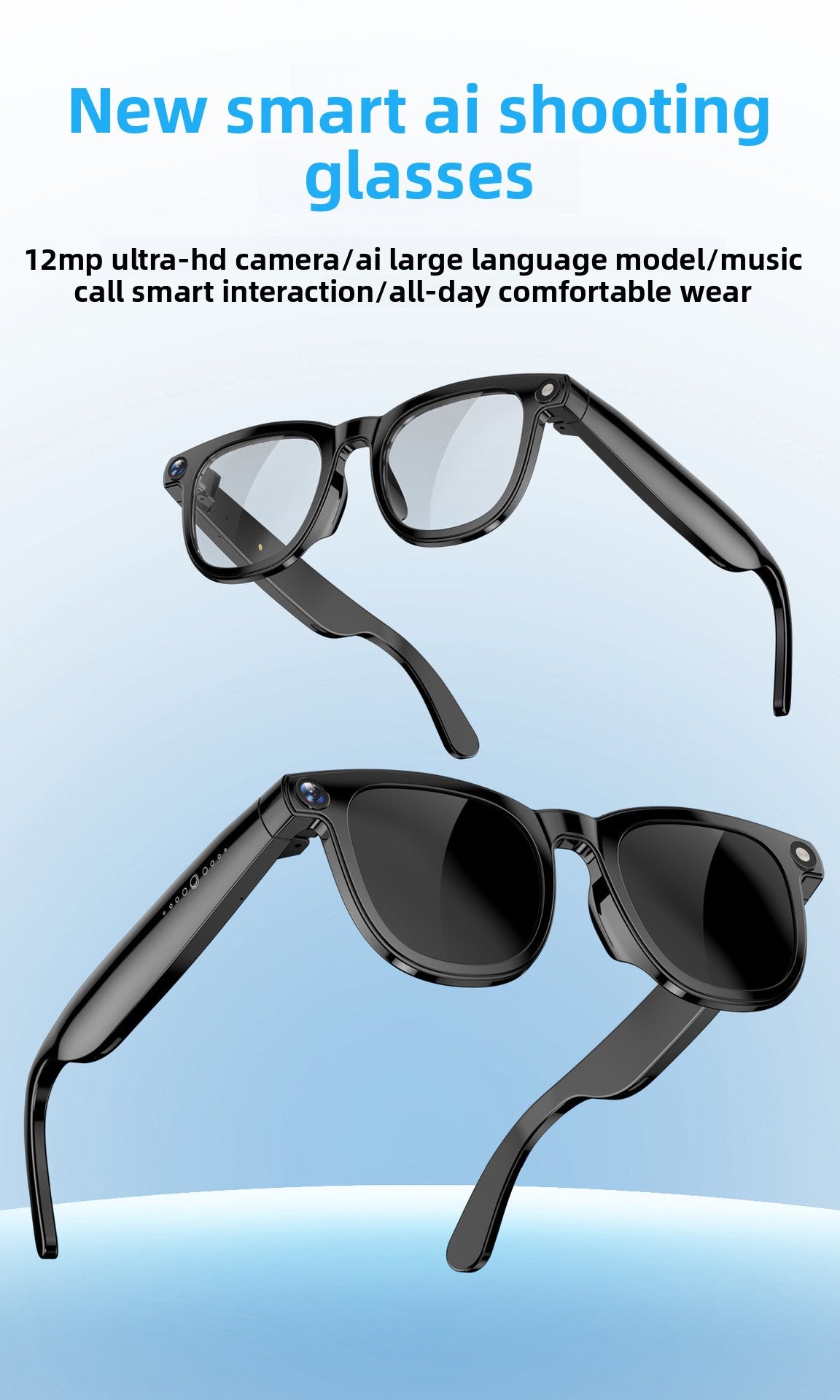 V2 Smart Glasses – AI Translation, ENC Noise Reduction, 12MP Camera & 1200P Video