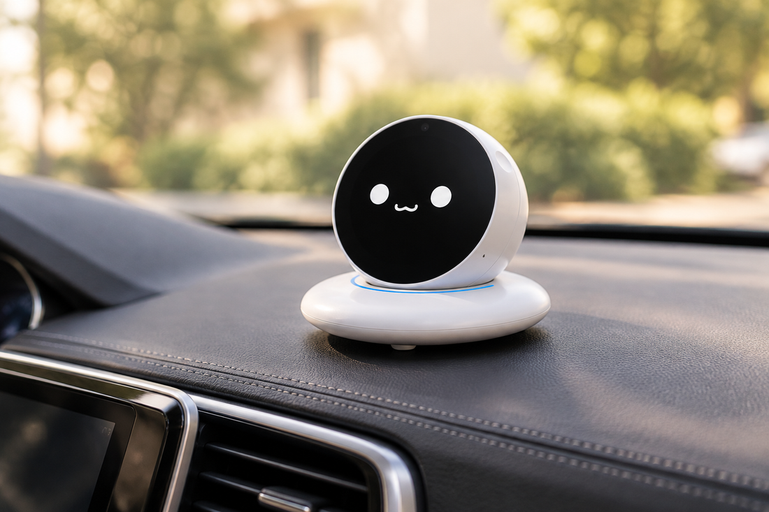 N1 DiMi AI desktop robot securely positioned on a parked car dashboard