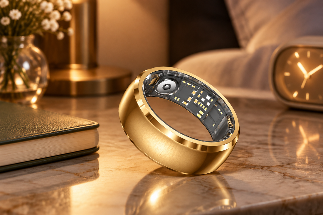 R1 Cat's Eye Enamel Smart Ring beside a softly glowing alarm clock for vibration alerts