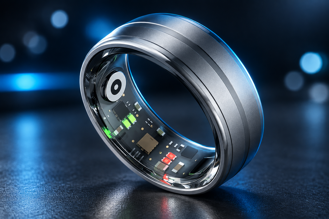 R10 Smart Ring in matte aerospace aluminum, shown close up on a dark surface with cool blue lighting