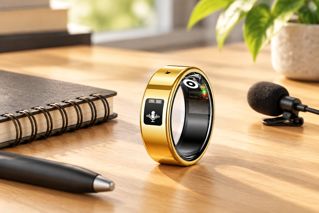 R12 Smart Ring on a desk for AI recording, translation and wellness tracking