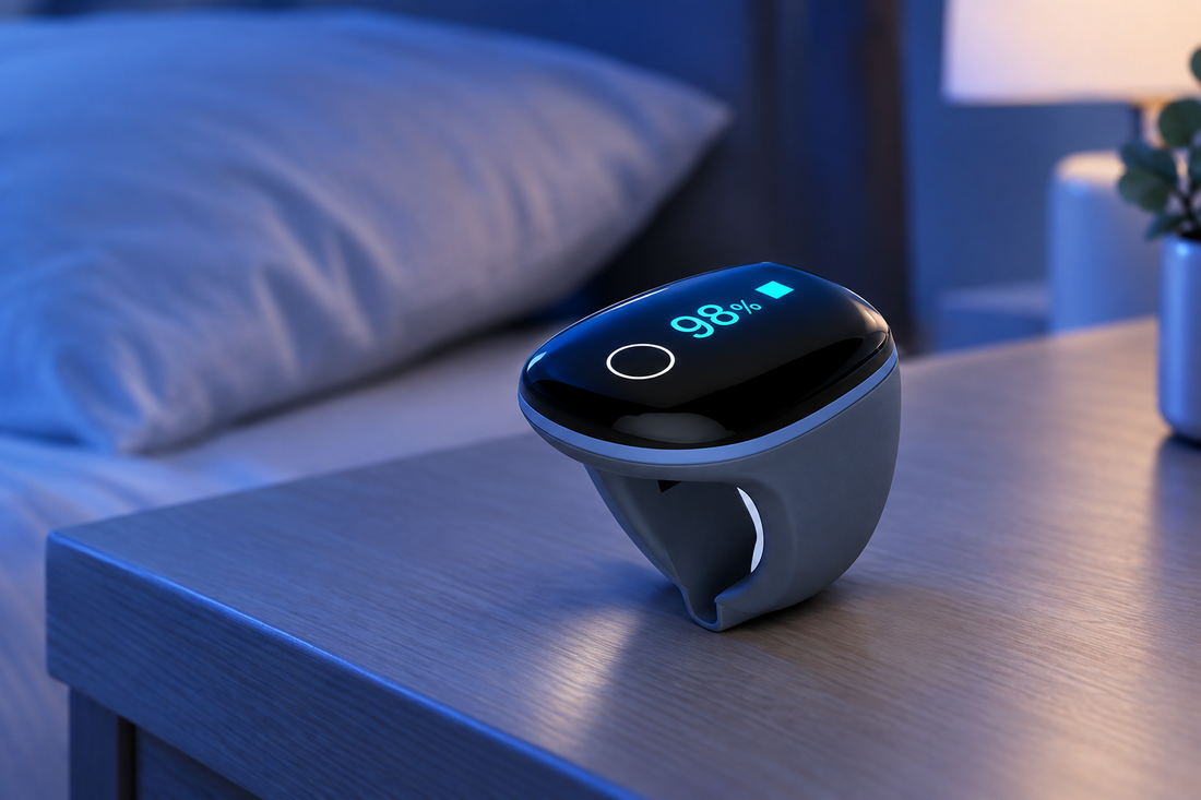 R13 O2Ring wearable oxygen and pulse monitor in a calm bedside setting