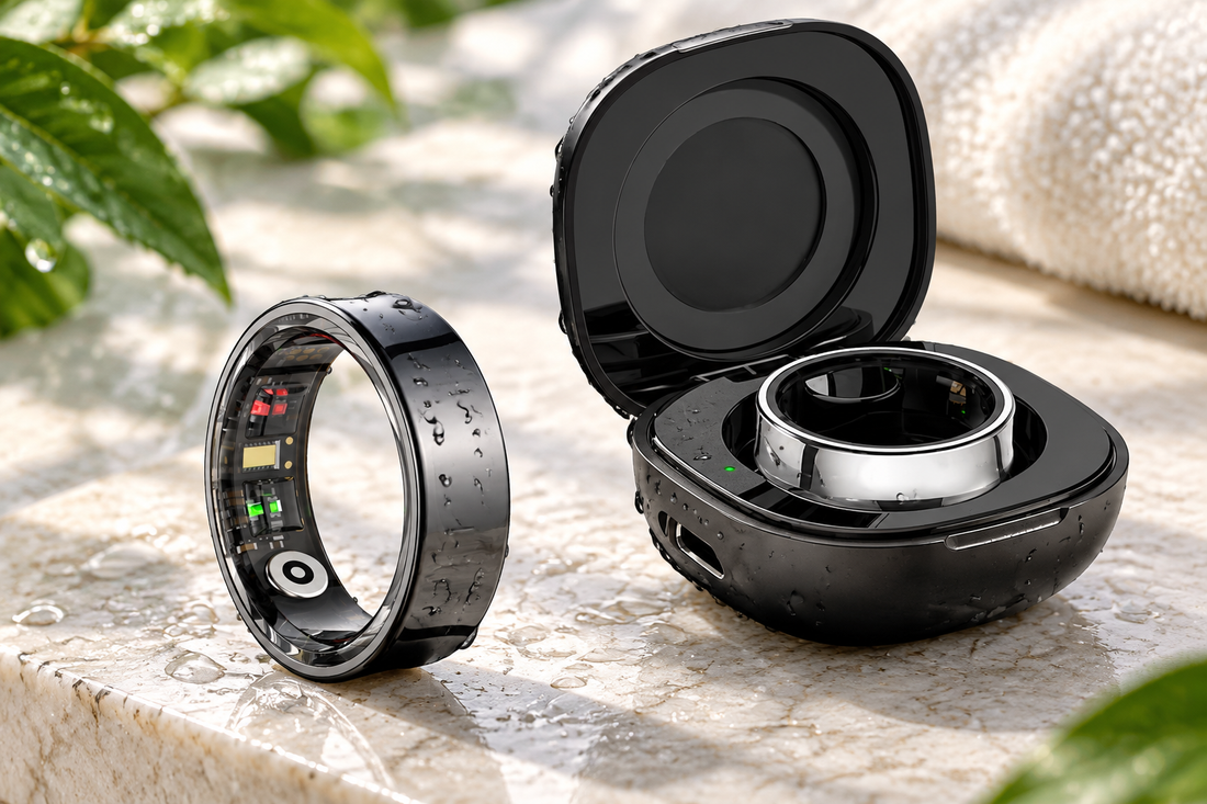 R14 RZ09 Smart Fitness Ring beside its charging case for everyday wellness tracking