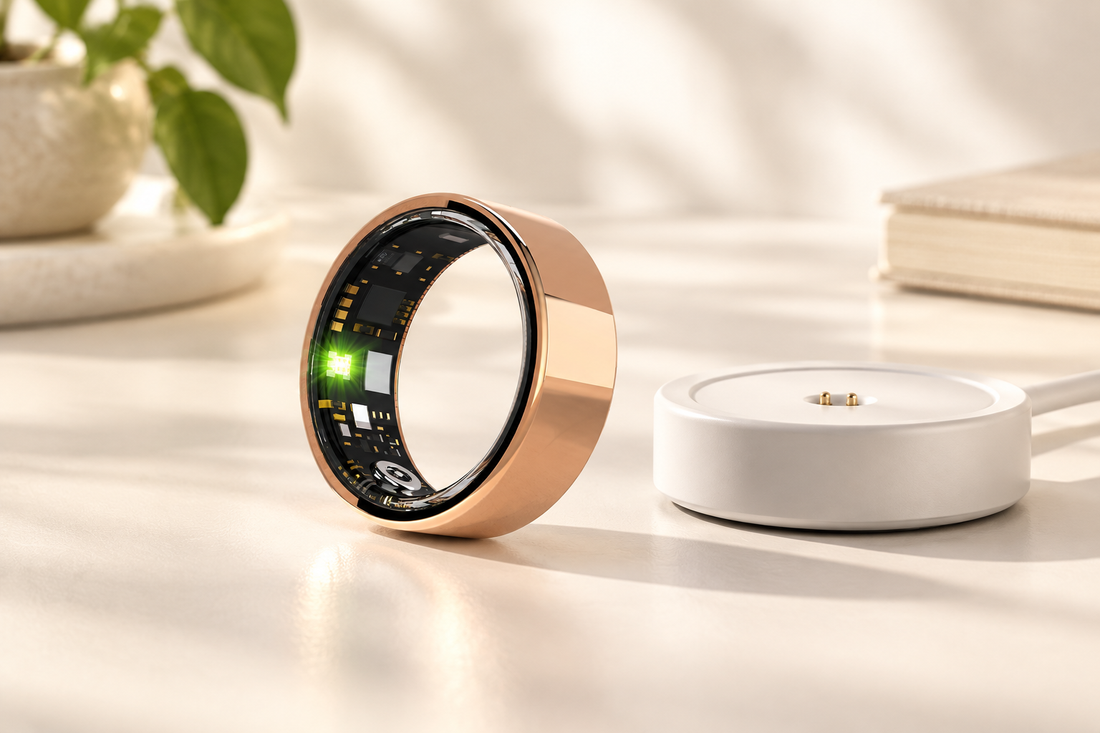 R15 lightweight smart ring beside its magnetic charging base for everyday wellness tracking