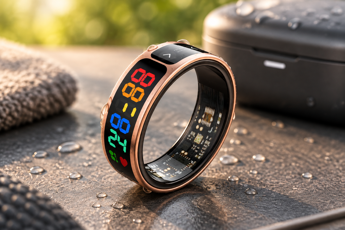 R17 Smart Ring with color LED display and charging case for everyday wellness tracking