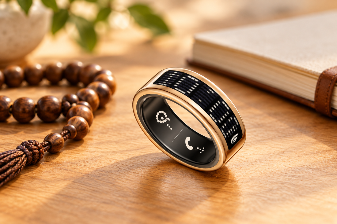R3 Smart Ring with prayer counter beside simple prayer beads in a warm daily routine setting