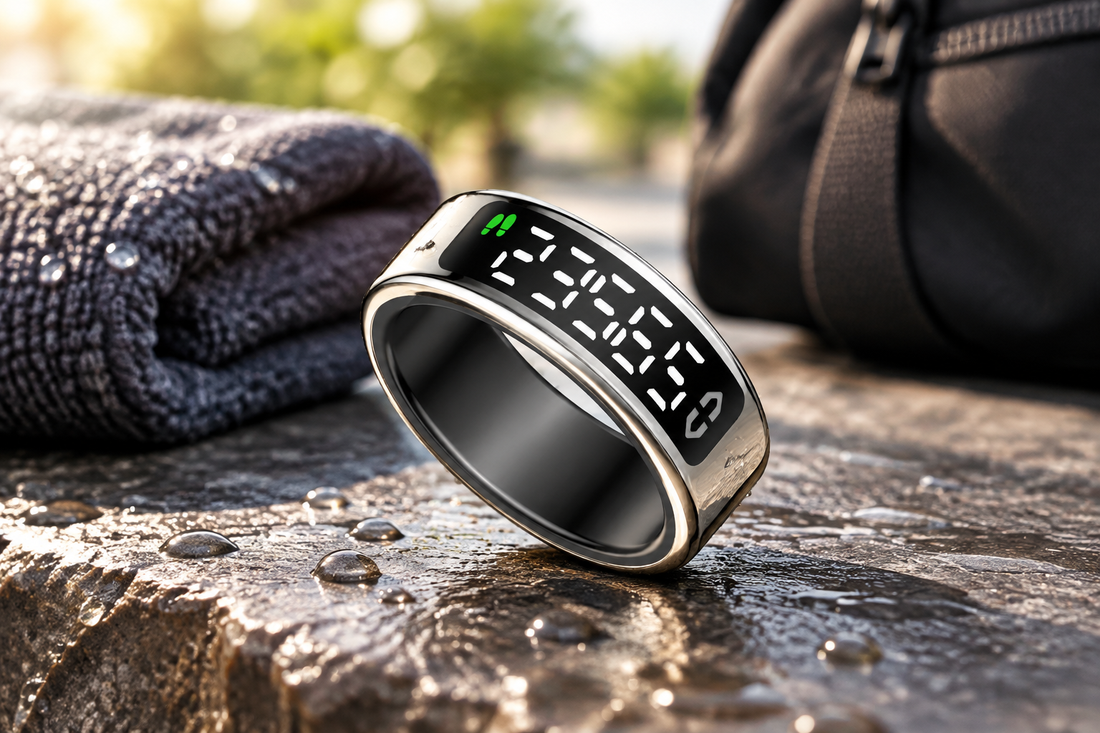 R4 Smart Ring with on-ring display on a wet stone surface for everyday health tracking