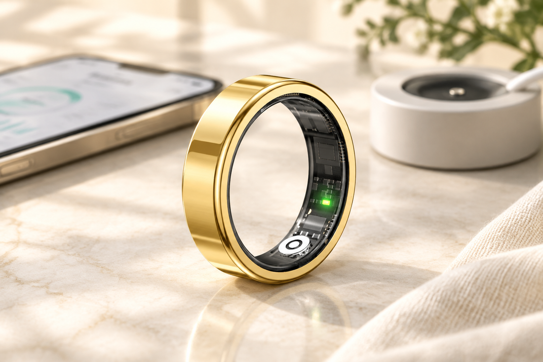 R5 Alloy AMOLED Smart Ring on a bright jewelry tabletop with its magnetic charging dock
