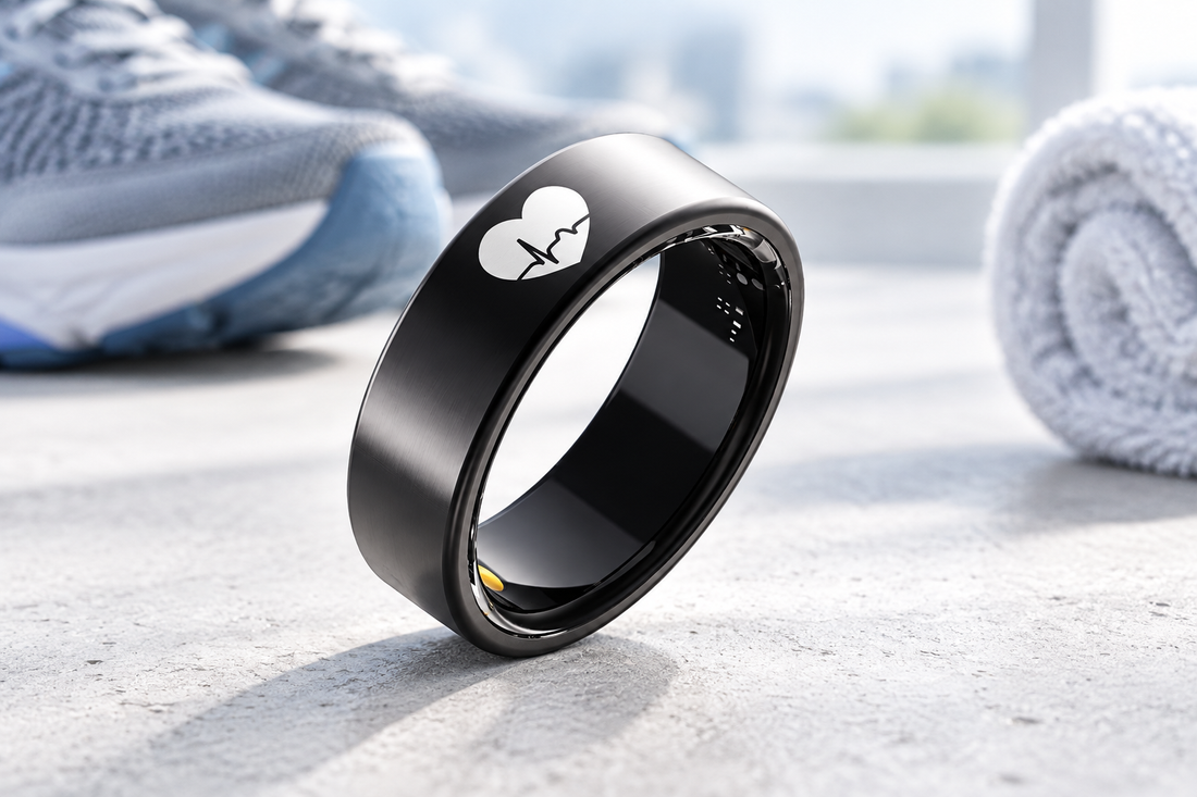 R6 Titanium Smart Ring on a light concrete surface with running shoes blurred in the background