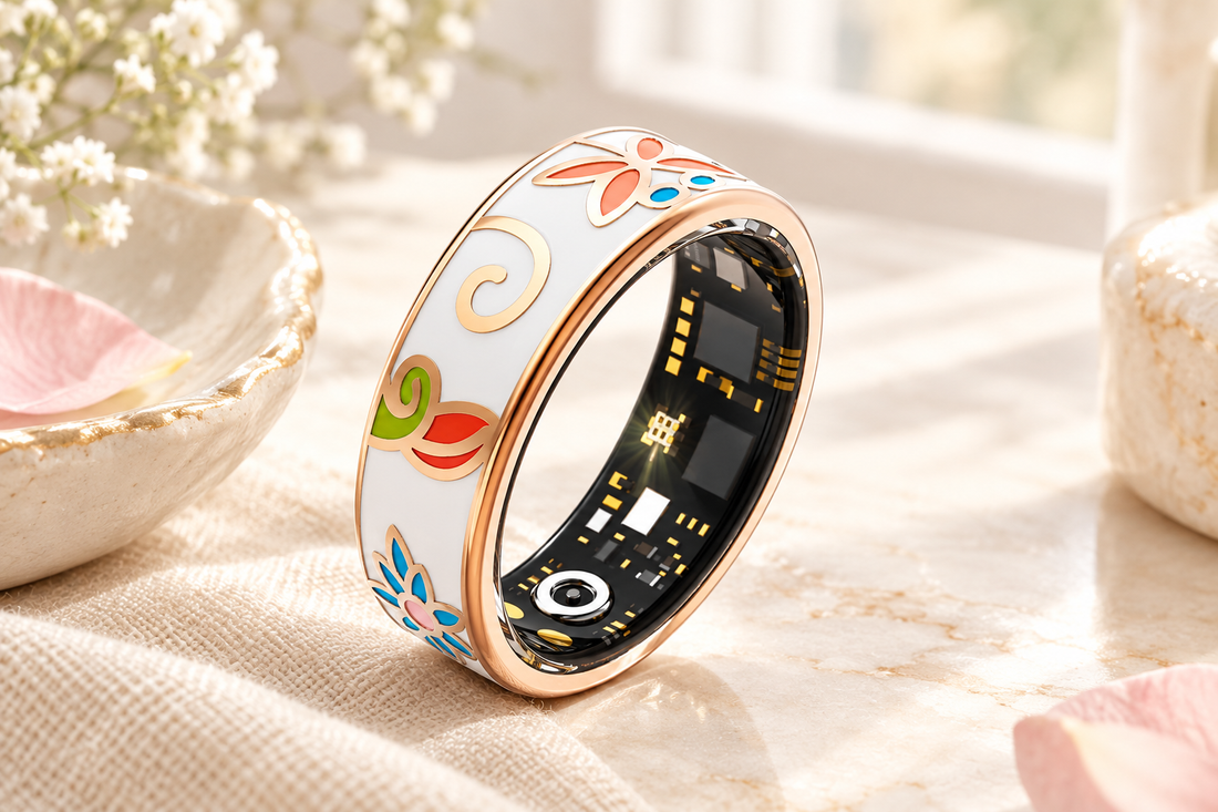 R7 Enamel Smart Ring in rose gold with floral enamel pattern, resting on a cream linen vanity surface in soft daylight