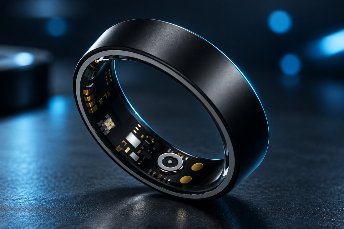 R8 NFC Smart Ring in matte black ceramic shown close up on a dark surface with cool blue lighting