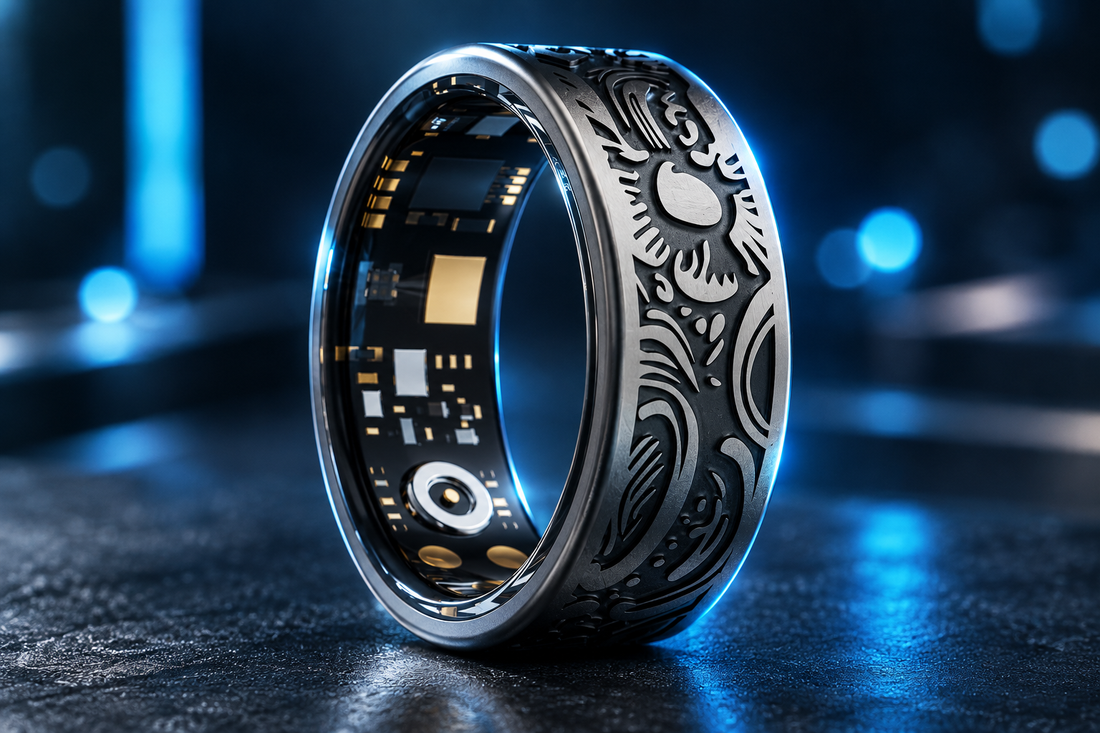 R9 Smart Ring with engraved metal frame shown close up on a dark surface with cool blue lighting