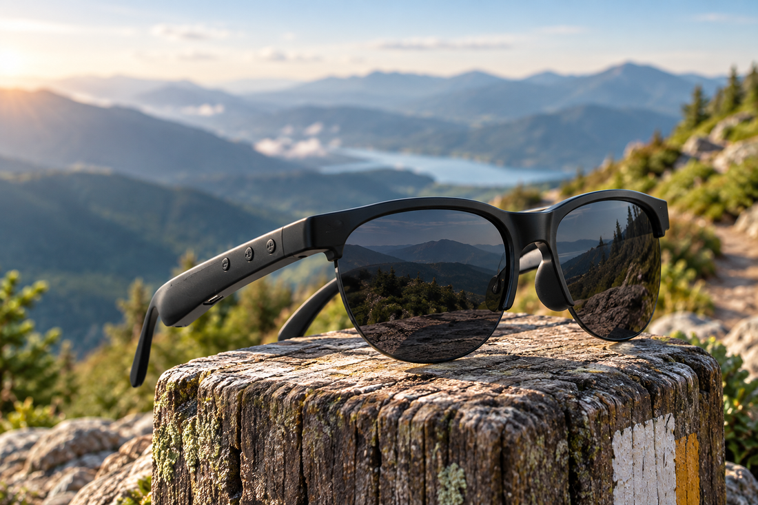 V10 Smart Sports Glasses on a mountain trail overlook for open-ear audio and translation