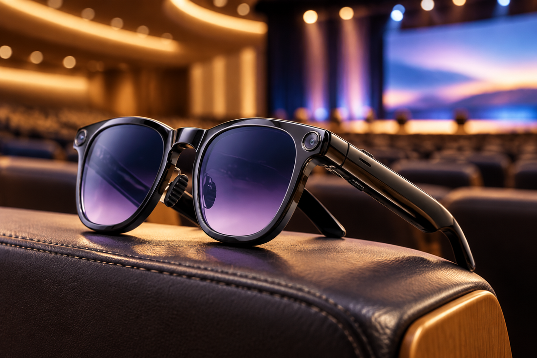 V11 AI Smart Glasses on an auditorium seat armrest for meeting recording and translation