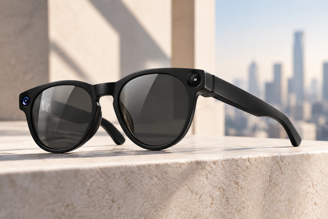 V12 AI Smart Glasses on a pale architectural stone ledge with geometric morning light