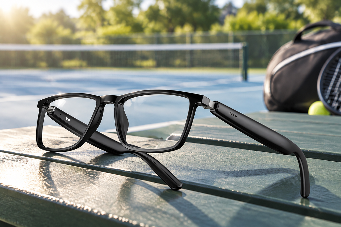 V13 Smart AI Glasses on a sunlit tennis court bench for open-ear sports audio