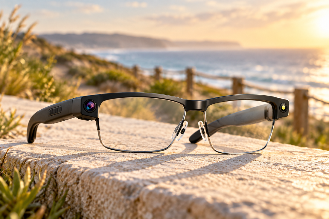 V15 AI Smart Camera Glasses on a sunlit coastal boardwalk for hands-free capture and translation