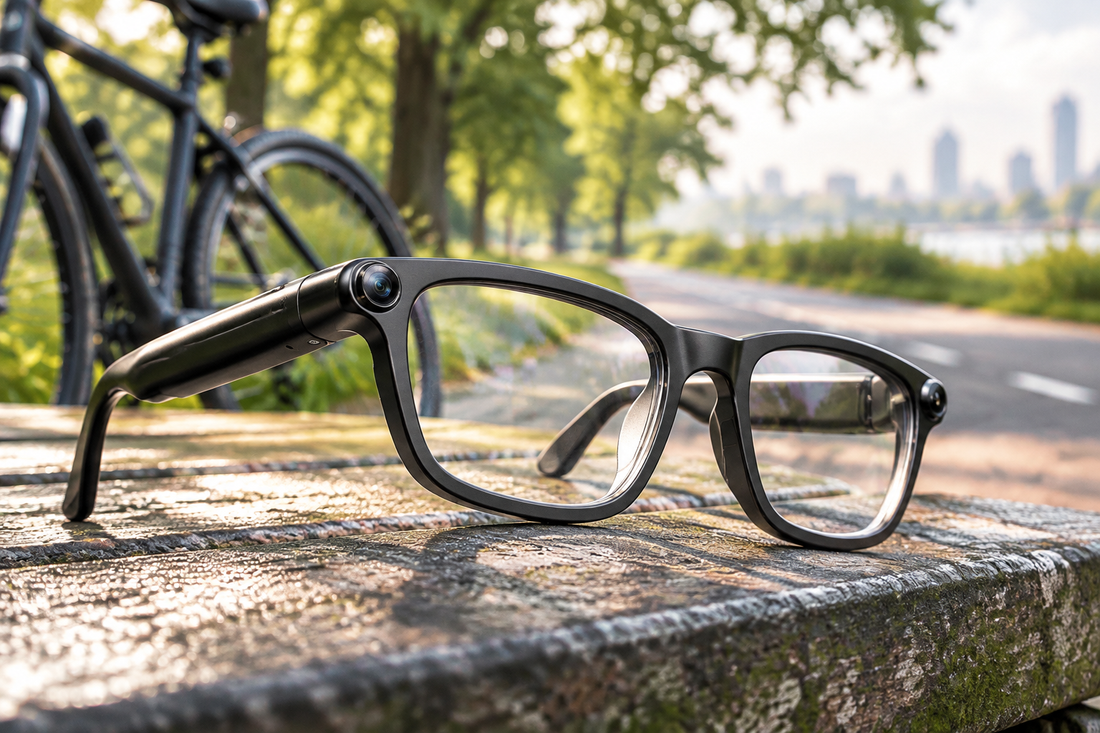 V16 Smart Camera Glasses beside a bicycle on an outdoor park path for hands-free recording