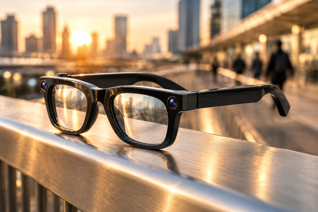V17 AI Smart Camera Glasses on an urban railing at golden hour for hands-free recording