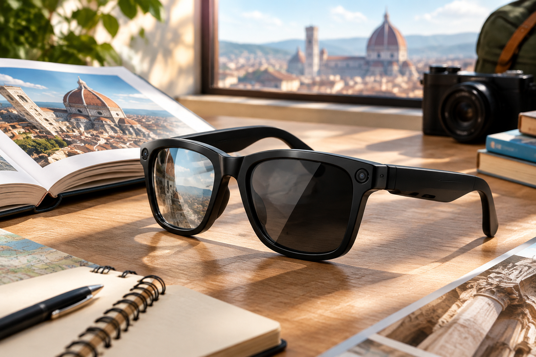 V18 Electrochromic AI Smart Glasses on a travel and learning desk with adjustable tint