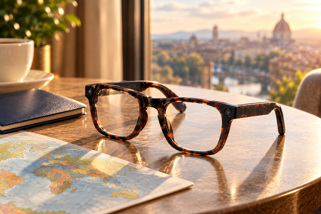 V19 tortoiseshell AI Smart Glasses on a travel table for camera and translation