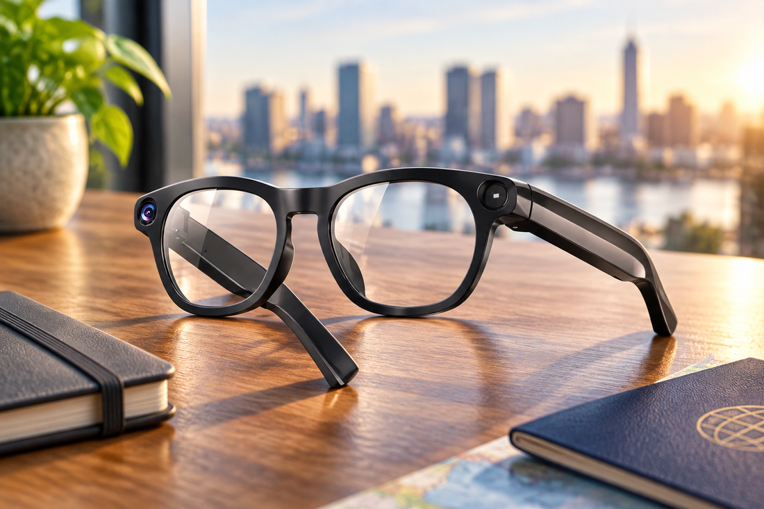 V20 AI Smart Glasses on a travel creator desk for camera, calls and translation