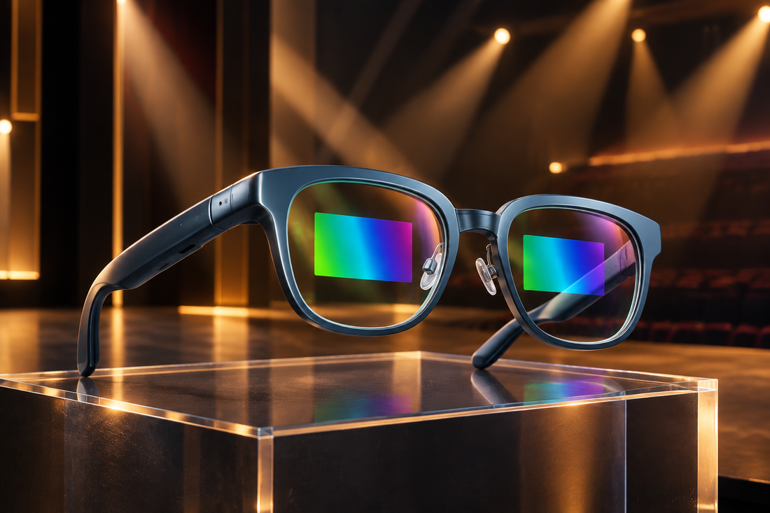 V4 AR AI Smart Glasses on a transparent plinth beside a contemporary theater stage for HUD navigation and smart teleprompting