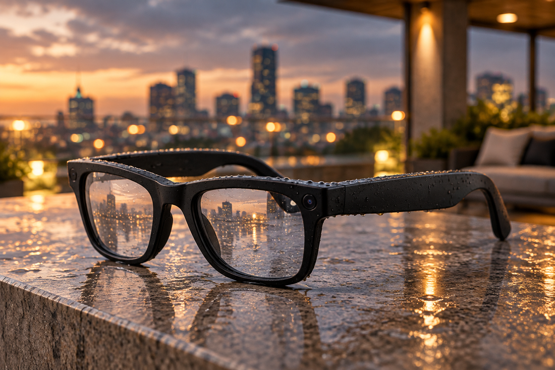 V5-MT5 Ultra AI Glasses on a stone ledge on a rain-washed rooftop terrace for open-ear calls and active use
