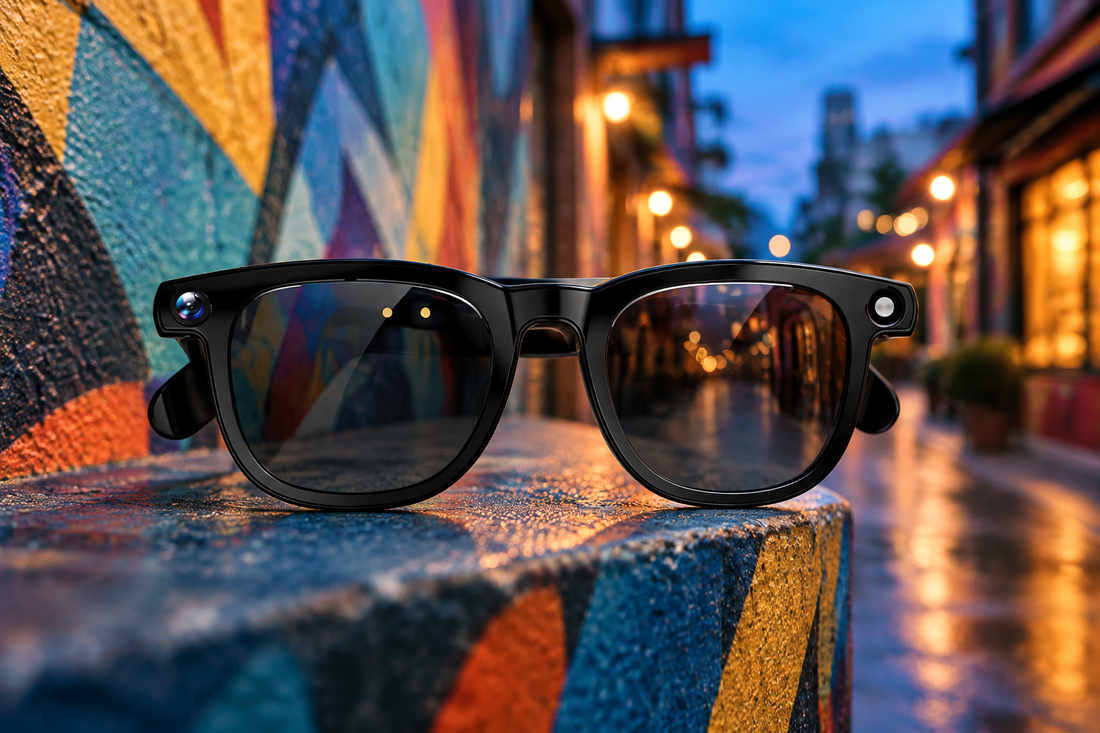 V6 AI Smart Glasses on an urban street-art passage ledge for travel, translation, and first-person capture