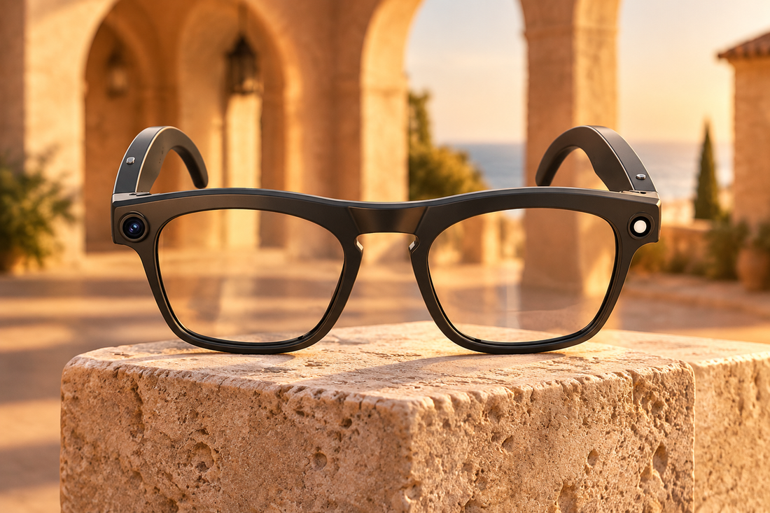 V7 AI Smart Camera Glasses on a limestone plinth in a Mediterranean courtyard for travel and hands-free translation