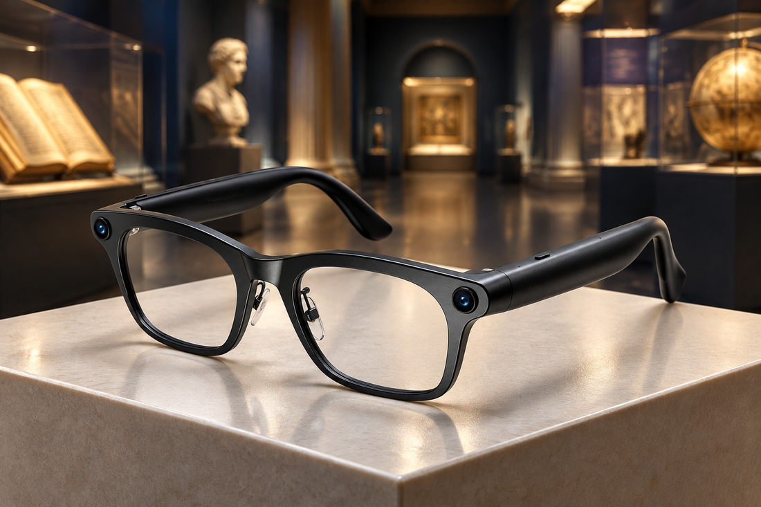 V8 AI Recording Glasses on a museum archive display pedestal for hands-free capture and transcription