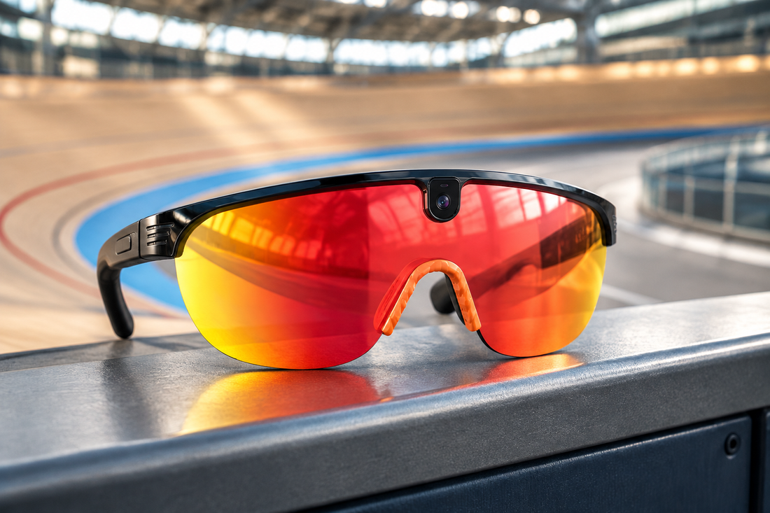 V9 Smart Cycling Glasses on an indoor velodrome barrier for cycling capture and open-air audio