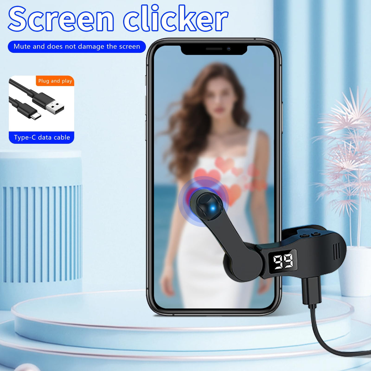 E5 Type-C Auto Clicker for Phones & Tablets with Adjustable Speed and 180° Head
