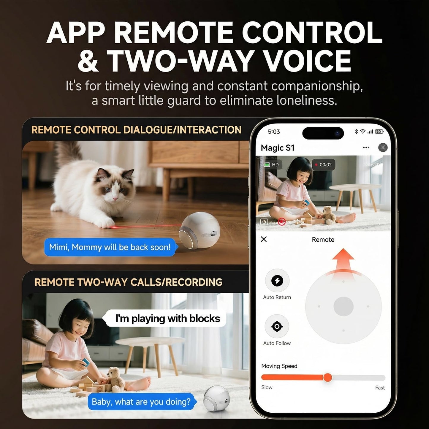 N5 Magic S1 Indoor Security Robot Camera - 1080P Portable Pet Camera with App Control Two-Way Audio, Night Vision, Automatic Charging