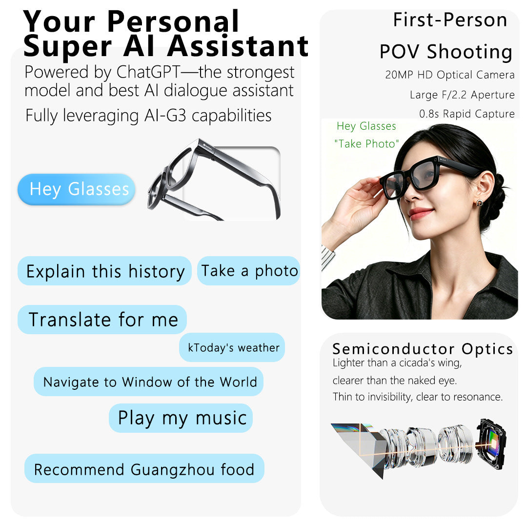 V1-G3 AR Smart Glasses – AI Voice & Image Recognition Bluetooth Wearable Tech - Dual-lens waveguide + camera