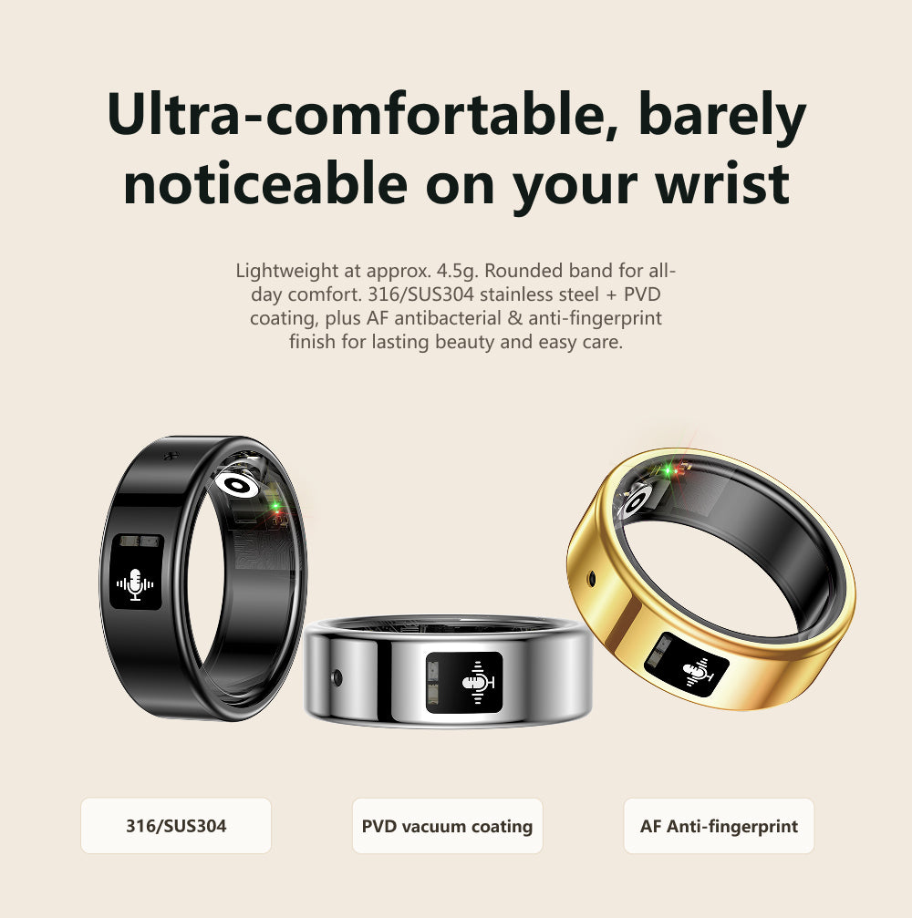 R12 Smart Ring — IP68 Waterproof, AI Recording & Translation, Heart Rate & Sleep Monitoring