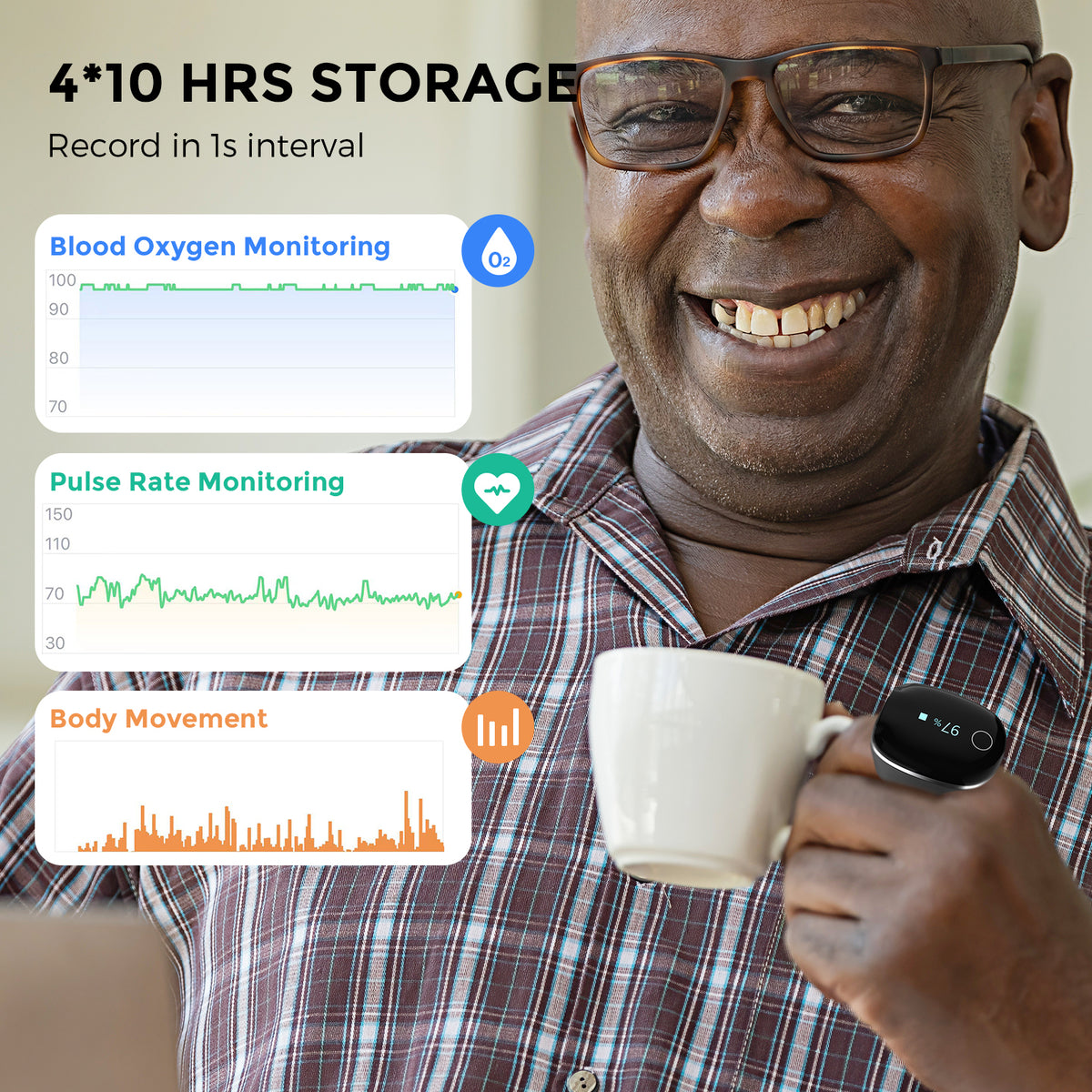 R13 O2Ring — Continuous Blood Oxygen SpO2 & Pulse Rate Monitor, 16-Hour Battery, Sleep Apnea Tracking