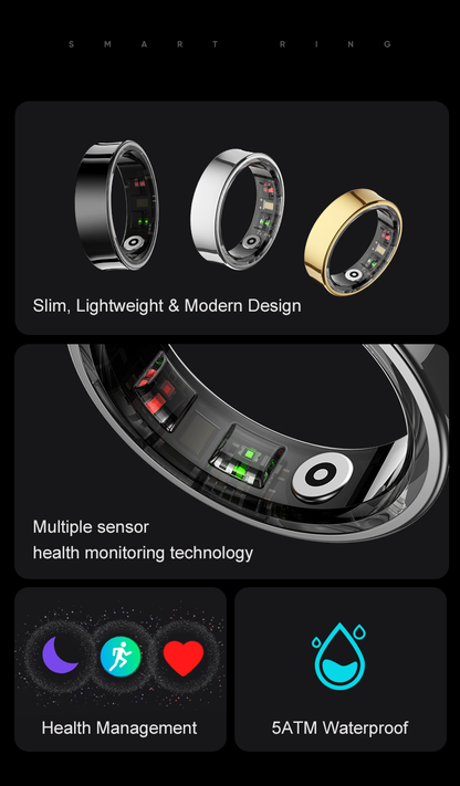 RZ09 Smart Fitness Ring — Stainless Steel, 5ATM Waterproof, Skin Temperature, Heart Rate & Sleep | 5–7 Day Battery