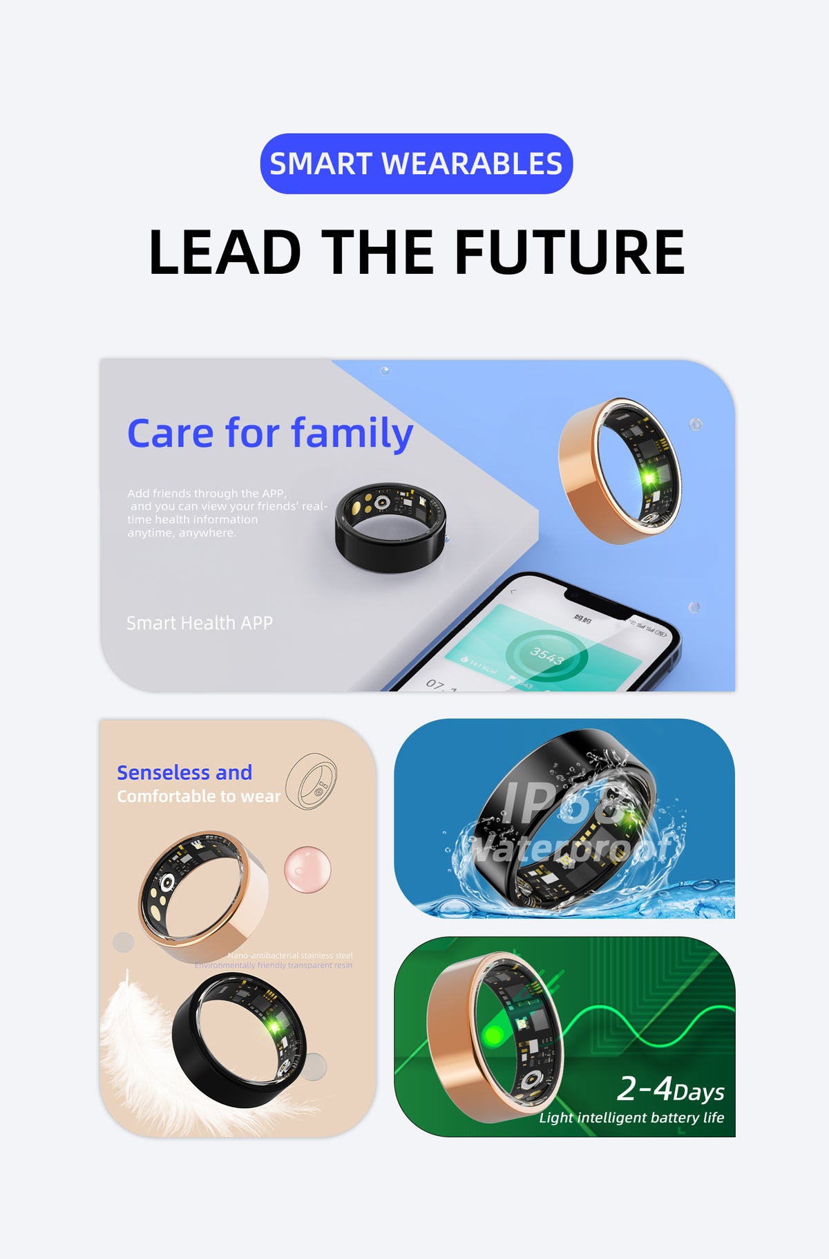 R15 Smart Ring — IP68 Waterproof, Heart Rate & Blood Pressure, Sleep & SpO2 Monitoring | Magnetic Charging | iOS & Android