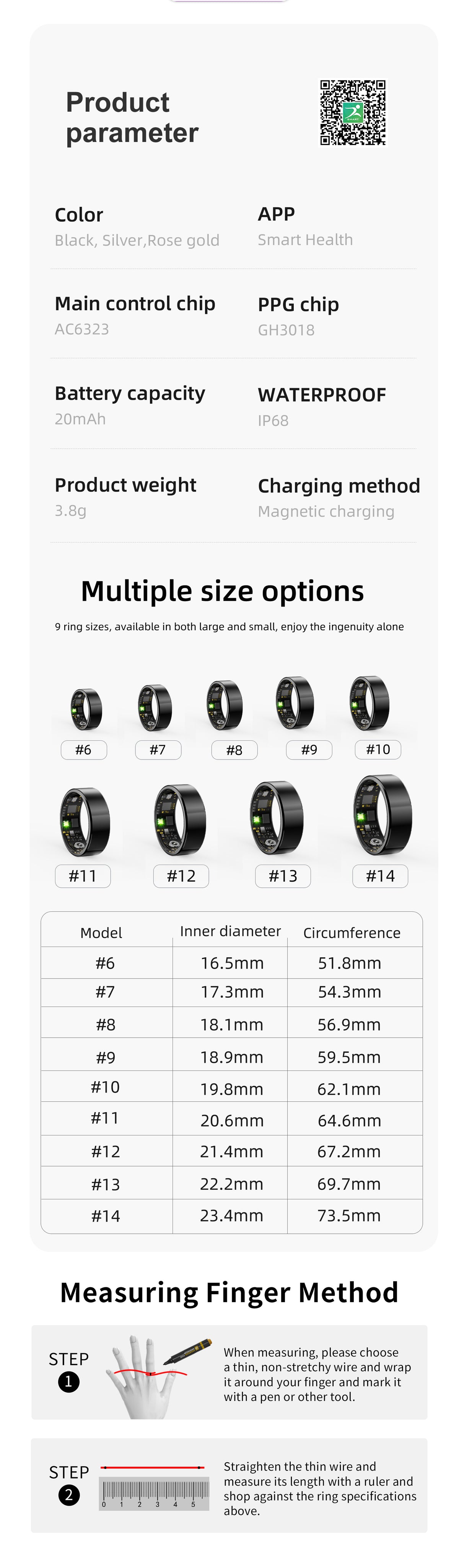 R15 Smart Ring — IP68 Waterproof, Heart Rate & Blood Pressure, Sleep & SpO2 Monitoring | Magnetic Charging | iOS & Android