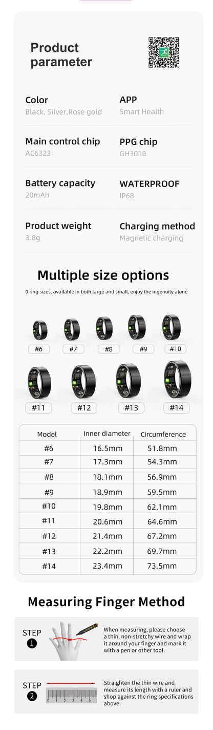 R15 Smart Ring — IP68 Waterproof, Heart Rate & Blood Pressure, Sleep & SpO2 Monitoring | Magnetic Charging | iOS & Android