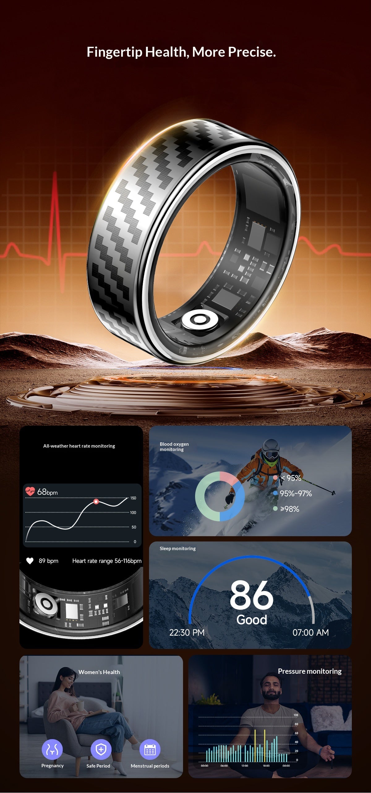 R16 Smart Ring — Heart Rate, Blood Oxygen, HRV, Sleep & Stress Tracking | IP68+5ATM | iOS & Android