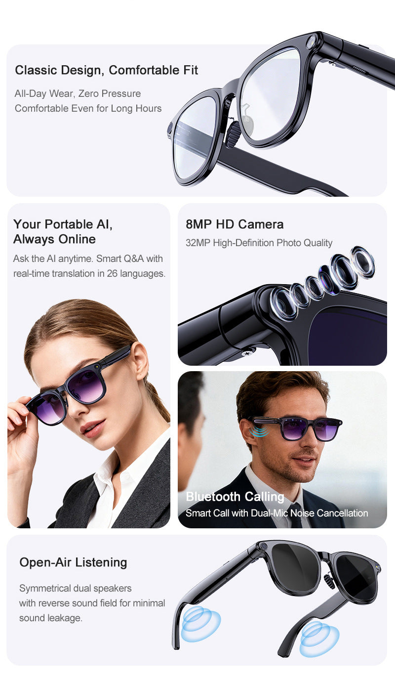 V11 Smart Glasses 8MP Camera – AI Photo, Video, Real-Time Translation & Meeting Recording