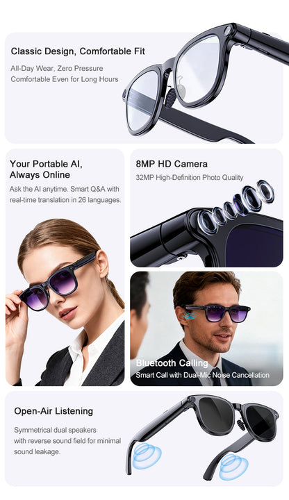 V11 Smart Glasses 8MP Camera – AI Photo, Video, Real-Time Translation & Meeting Recording