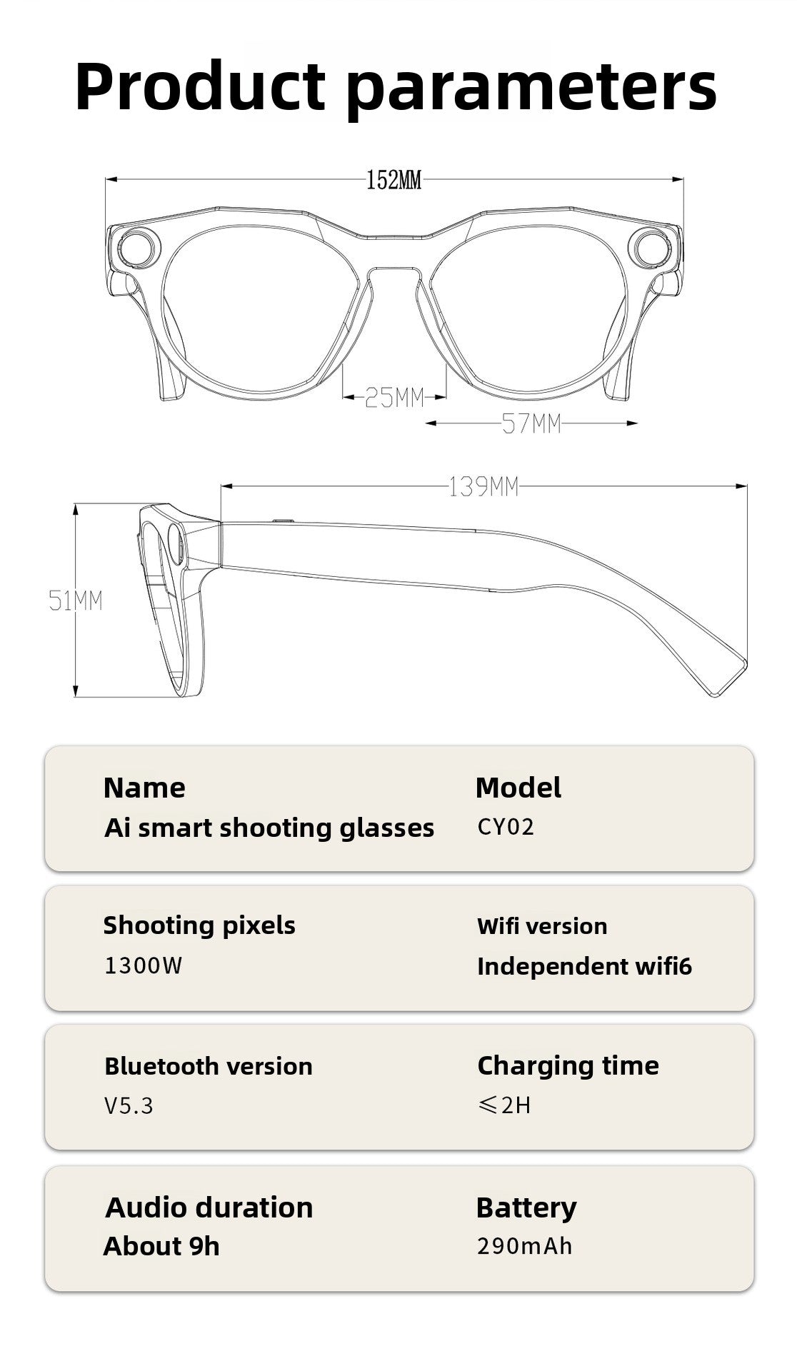 V12 Smart Glasses 13MP HD Camera – AI Real-Time Translation, Photo & Video Recording, 290mAh Type-C