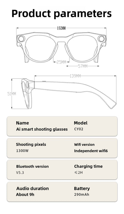 V12 Smart Glasses 13MP HD Camera – AI Real-Time Translation, Photo & Video Recording, 290mAh Type-C