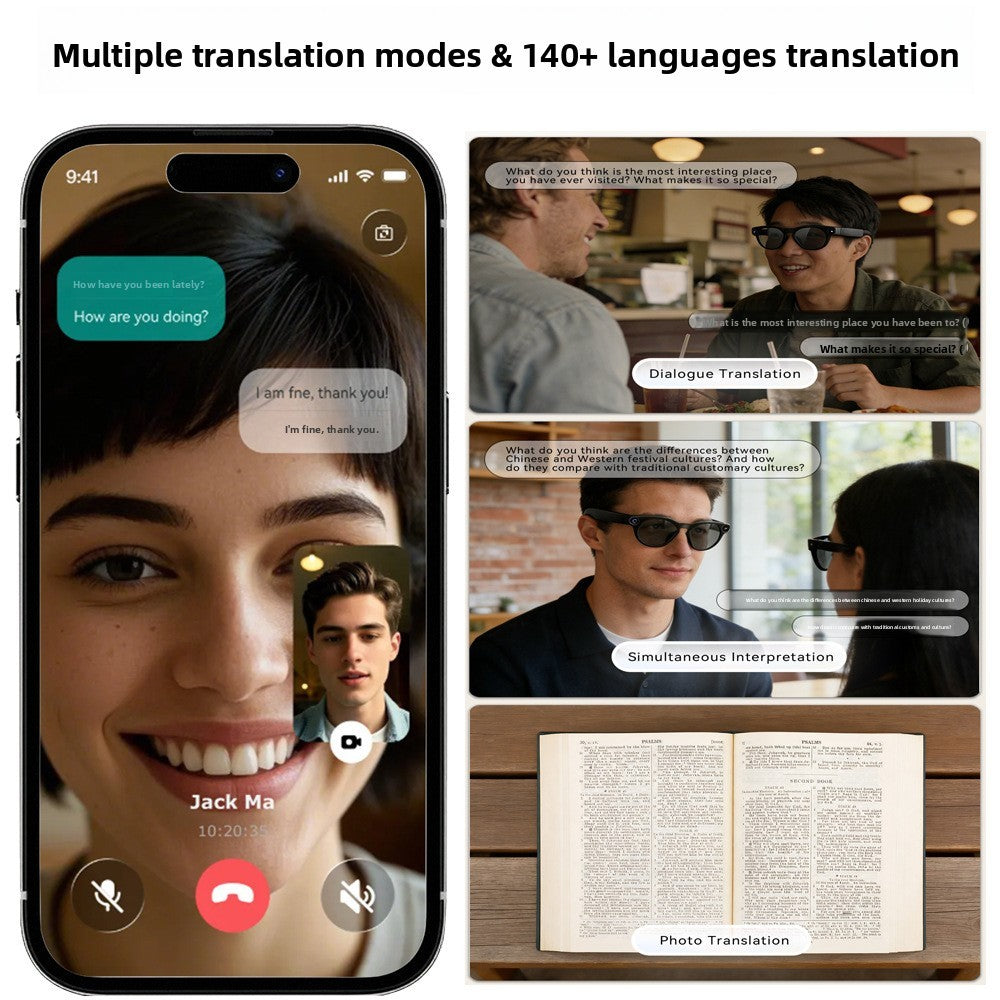 V12 Smart Glasses 13MP HD Camera – AI Real-Time Translation, Photo & Video Recording, 290mAh Type-C
