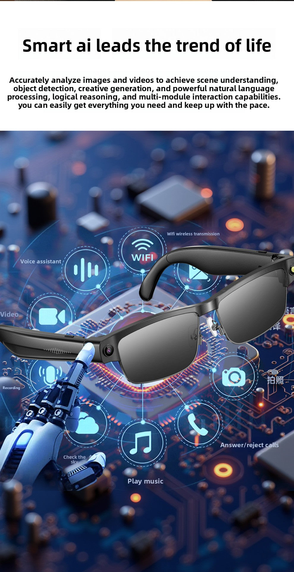 V15 AI Smart Camera Glasses | 8MP 1200P Anti-Shake Video, WiFi, Calling & AI Voice Assistant