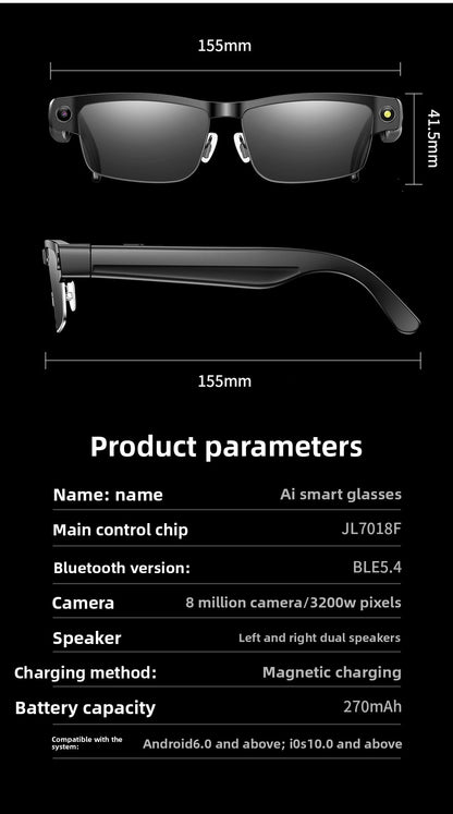 V15 AI Smart Camera Glasses | 8MP 1200P Anti-Shake Video, WiFi, Calling & AI Voice Assistant